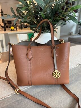 Tory Burch Cognac Pebbled Leather Shoulder Tote with Gold Logo Charm